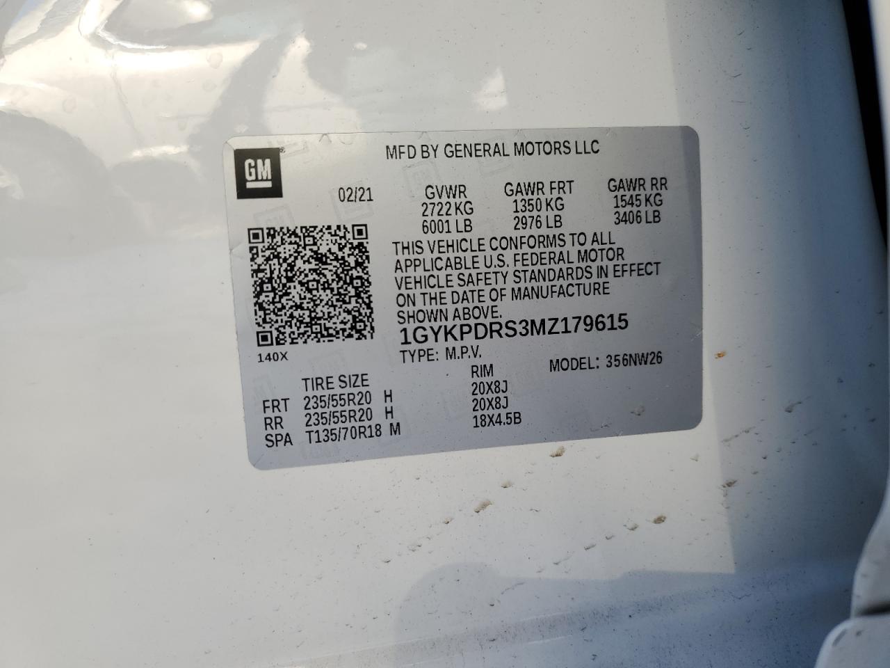 2021 Cadillac XT6 VIN 1GYKPDRS3MZ179615 Copart auction photo, rear end damage thumbnail 13