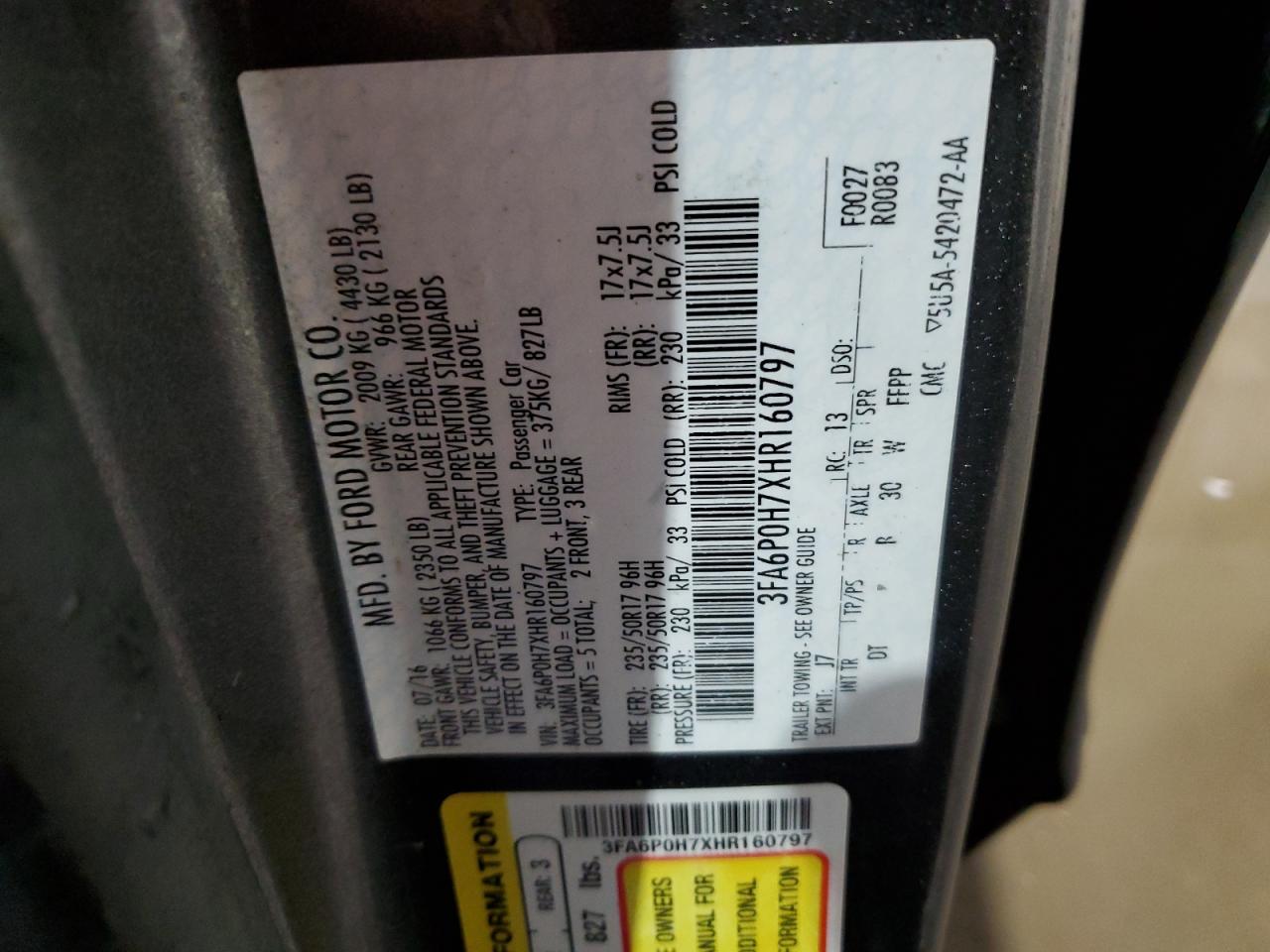 2017 Ford Fusion VIN 3FA6P0H7XHR160797 Copart auction photo, front end / side damage thumbnail 14