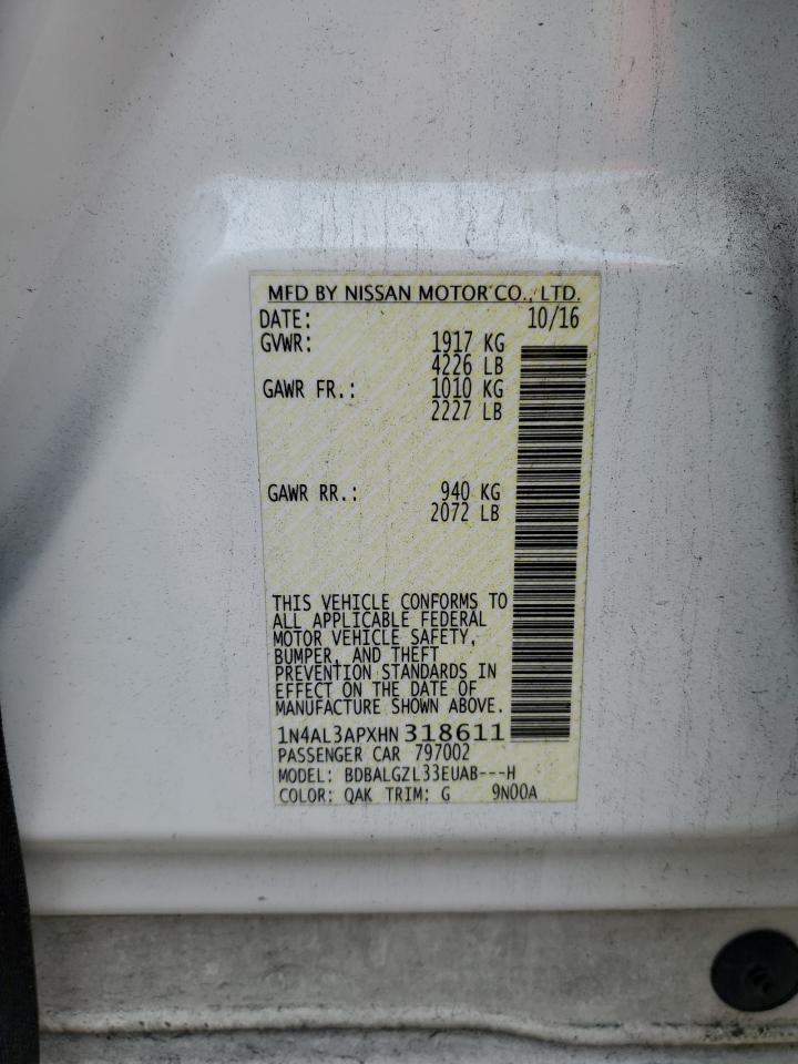 2017 Nissan Altima VIN 1N4AL3APXHN318611 Copart auction photo, front end / side damage thumbnail 13
