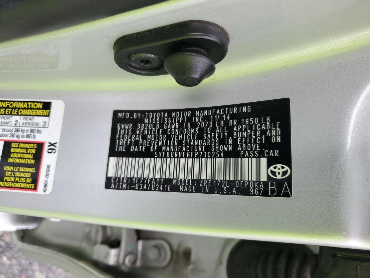 2015 Toyota Corolla VIN 5YFBURHE6FP230254 Copart auction photo, front end damage thumbnail 13