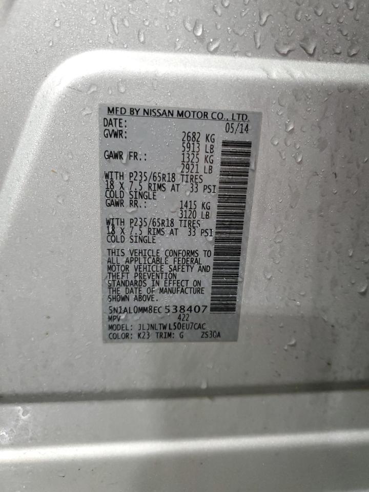 2014 Infiniti QX60 VIN 5N1AL0MM8EC538407 Copart auction photo, front end damage thumbnail 14