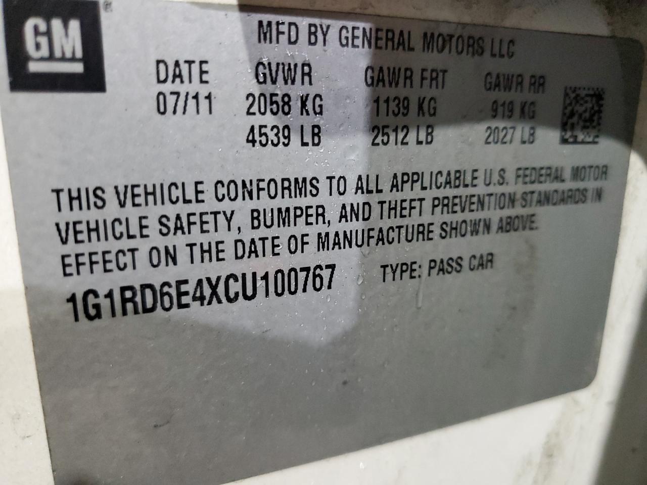 2012 Chevrolet Volt VIN 1G1RD6E4XCU100767 Copart auction photo, minor dent/scratches damage thumbnail 12
