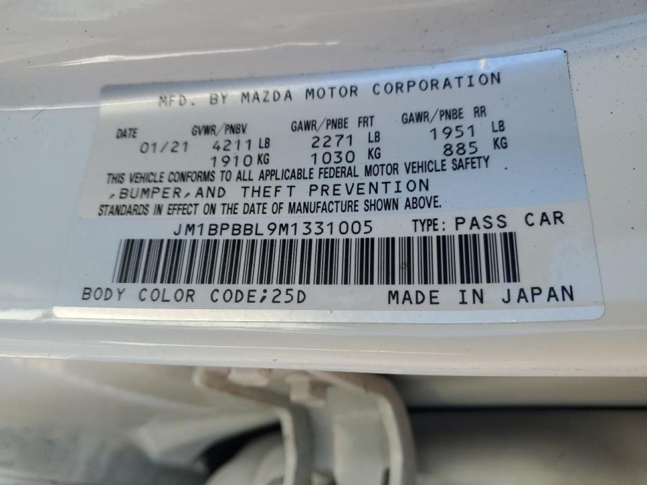 2021 Mazda 3 VIN JM1BPBBL9M1331005 Copart auction photo, frame damage / front end damage thumbnail 12