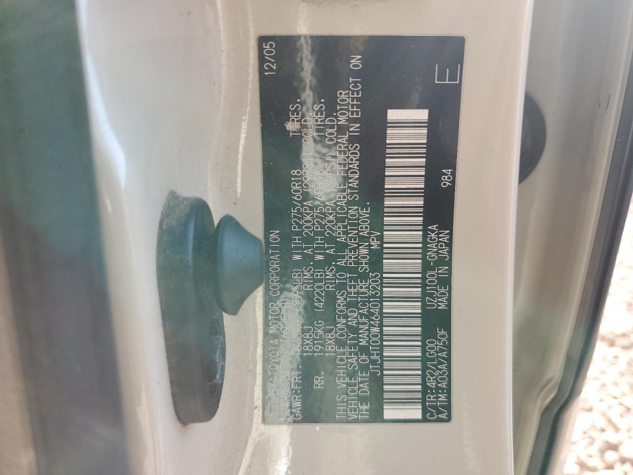 2006 Lexus LX VIN JTJHT00W464013203 Copart auction photo, front end damage thumbnail 13