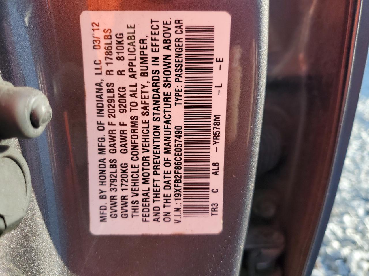 2012 Honda Civic VIN 19XFB2F86CE057490 Copart auction photo, front end damage thumbnail 14