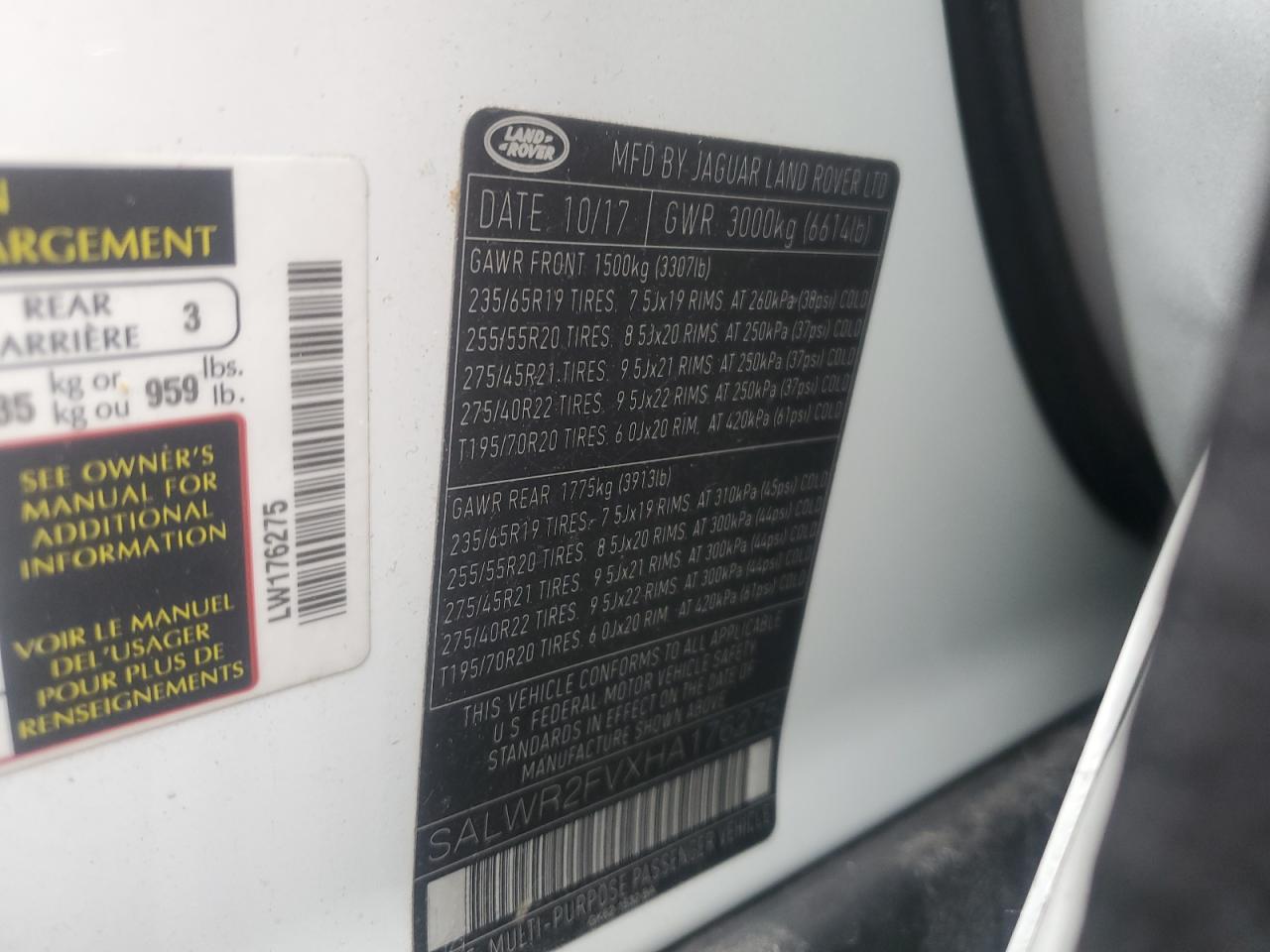 2017 Land Rover Range Rover VIN SALWR2FVXHA176275 Copart auction photo, front end damage thumbnail 13