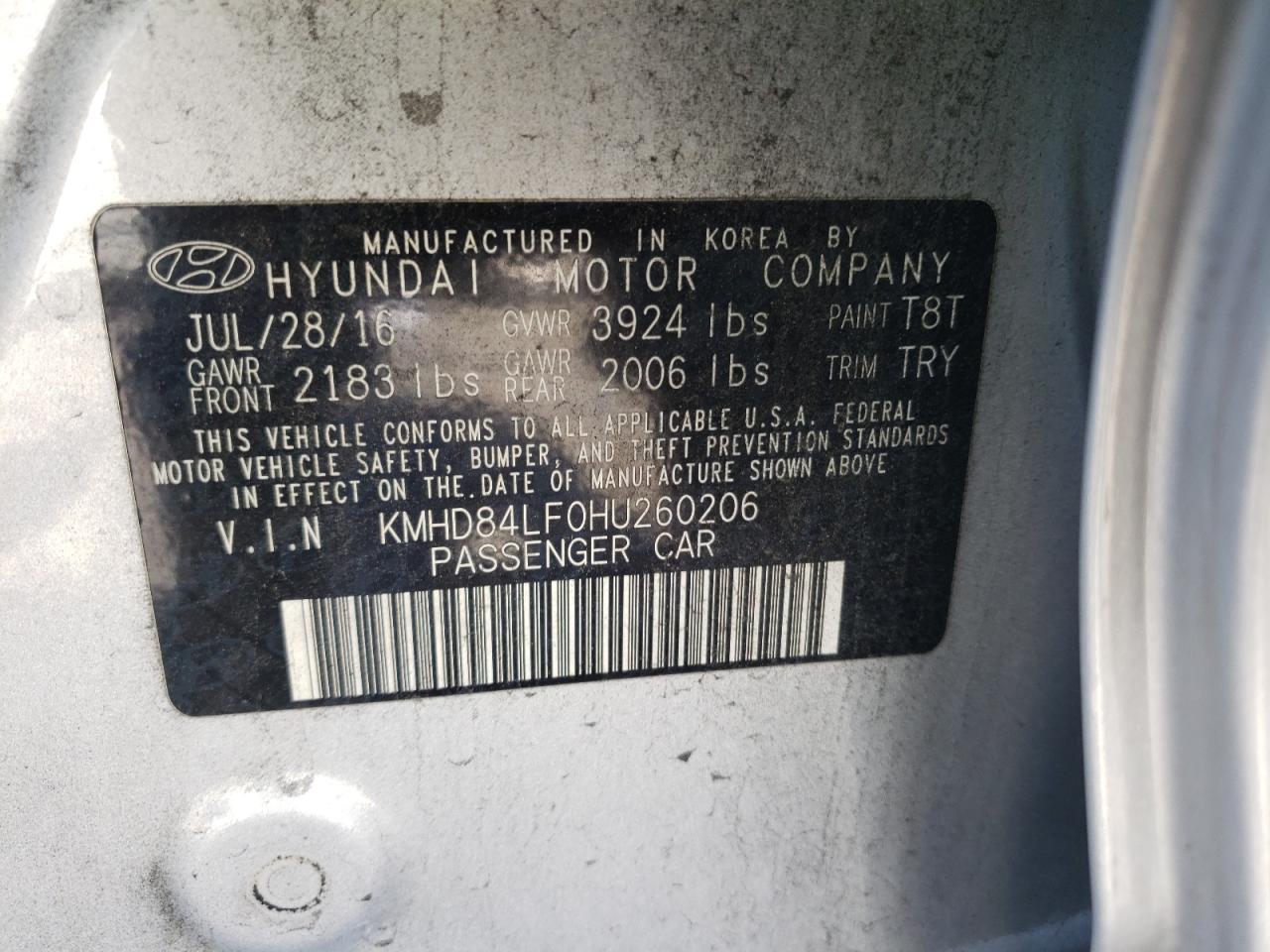 2017 Hyundai Elantra VIN KMHD84LF0HU260206 Copart auction photo, front end / minor dent/scratches damage thumbnail 12
