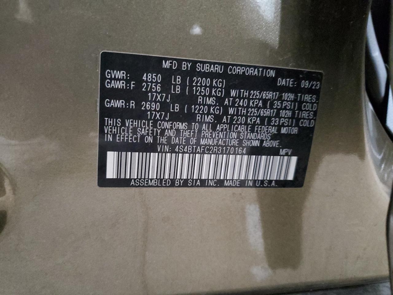 2024 Subaru Outback VIN 4S4BTAFC2R3170164 Copart auction photo, burn - engine / burn - interior damage thumbnail 14