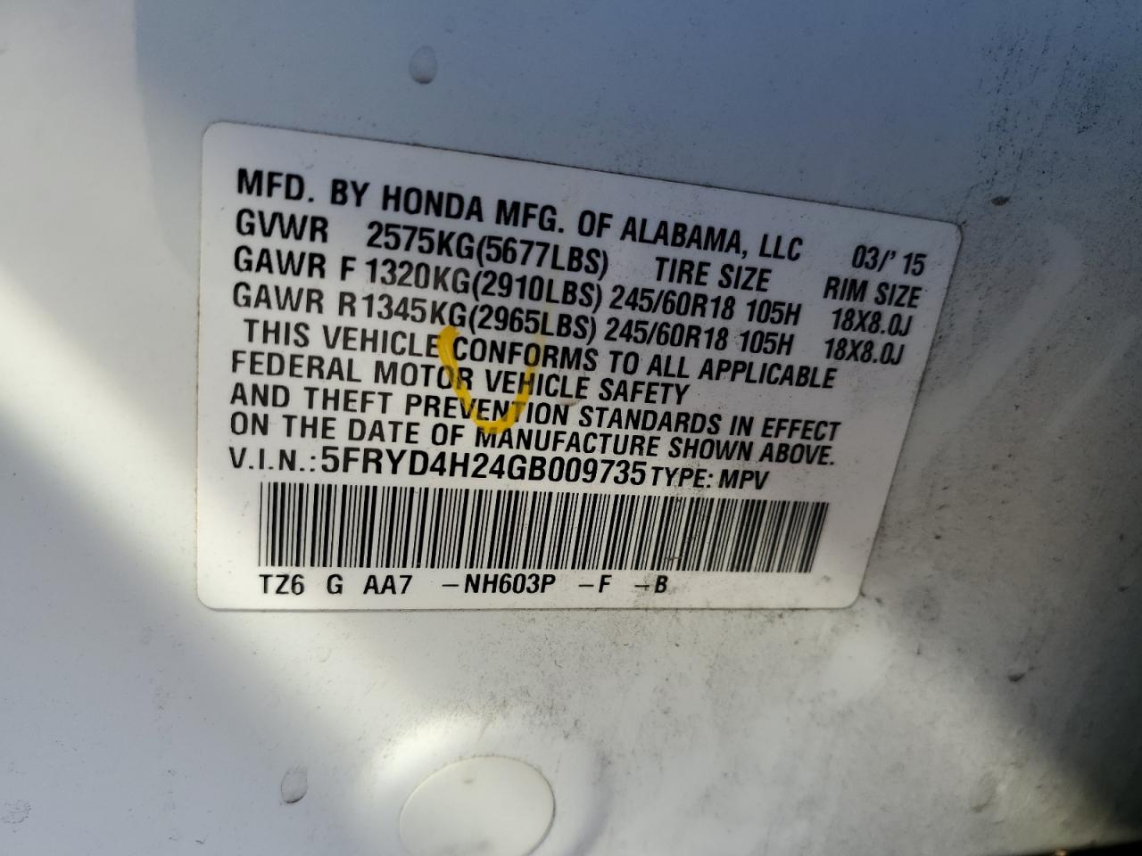 2016 Acura MDX VIN 5FRYD4H24GB009735 Copart auction photo, front end damage thumbnail 16