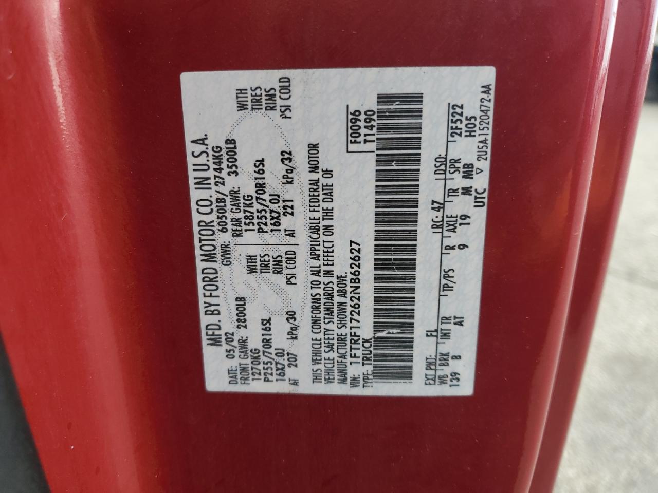 2002 Ford F-150 VIN 1FTRF17262NB62627 Copart auction photo, burn damage thumbnail 12