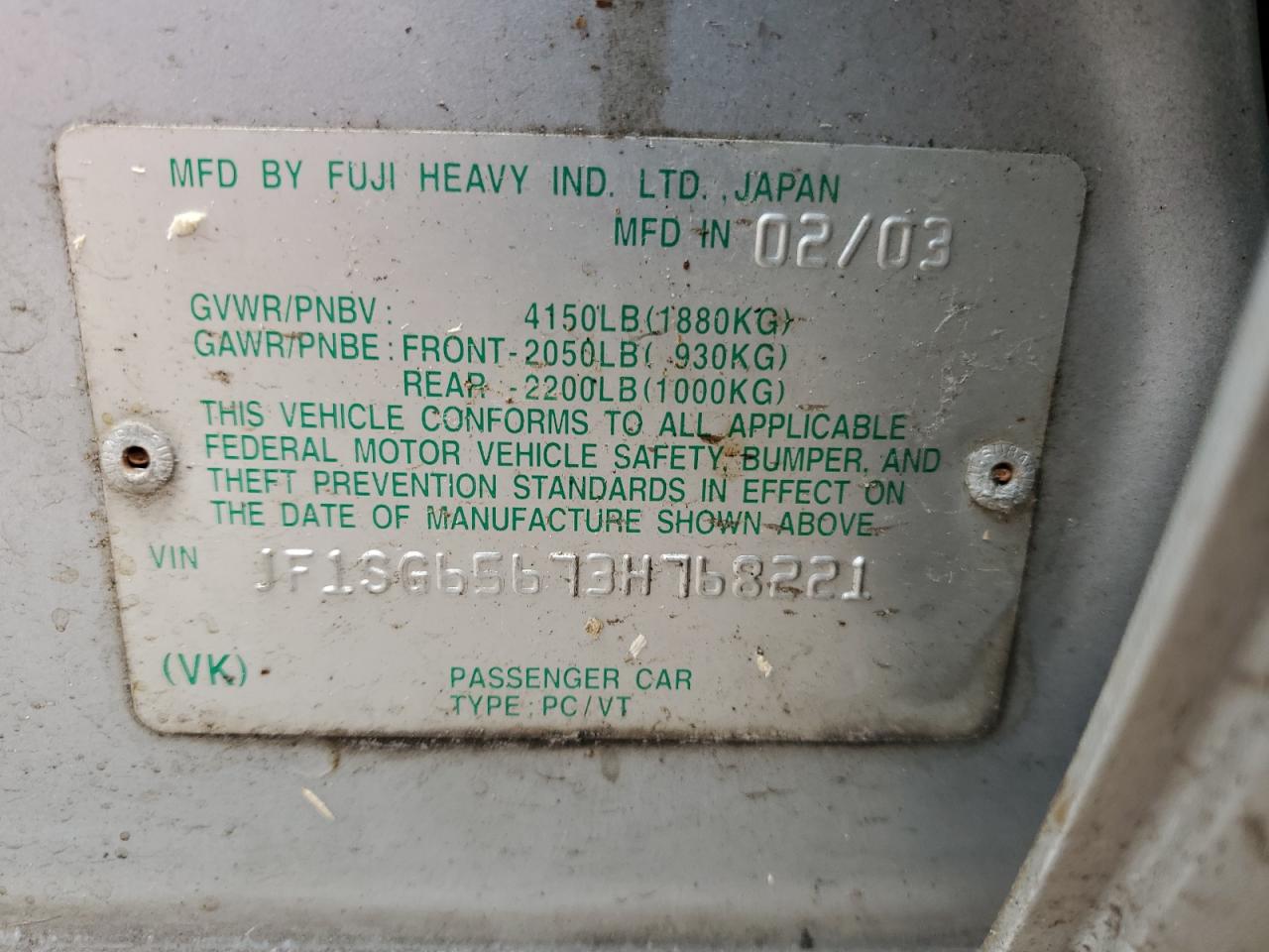2003 Subaru Forester VIN JF1SG65673H768221 Copart auction photo, front end / top/roof damage thumbnail 12