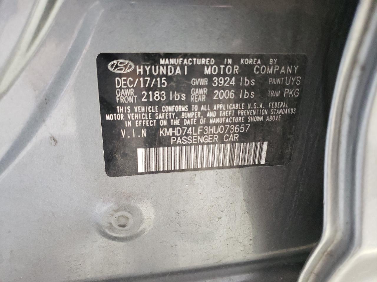 2017 Hyundai Elantra VIN KMHD74LF3HU073657 Copart auction photo, mechanical / minor dent/scratches damage thumbnail 12