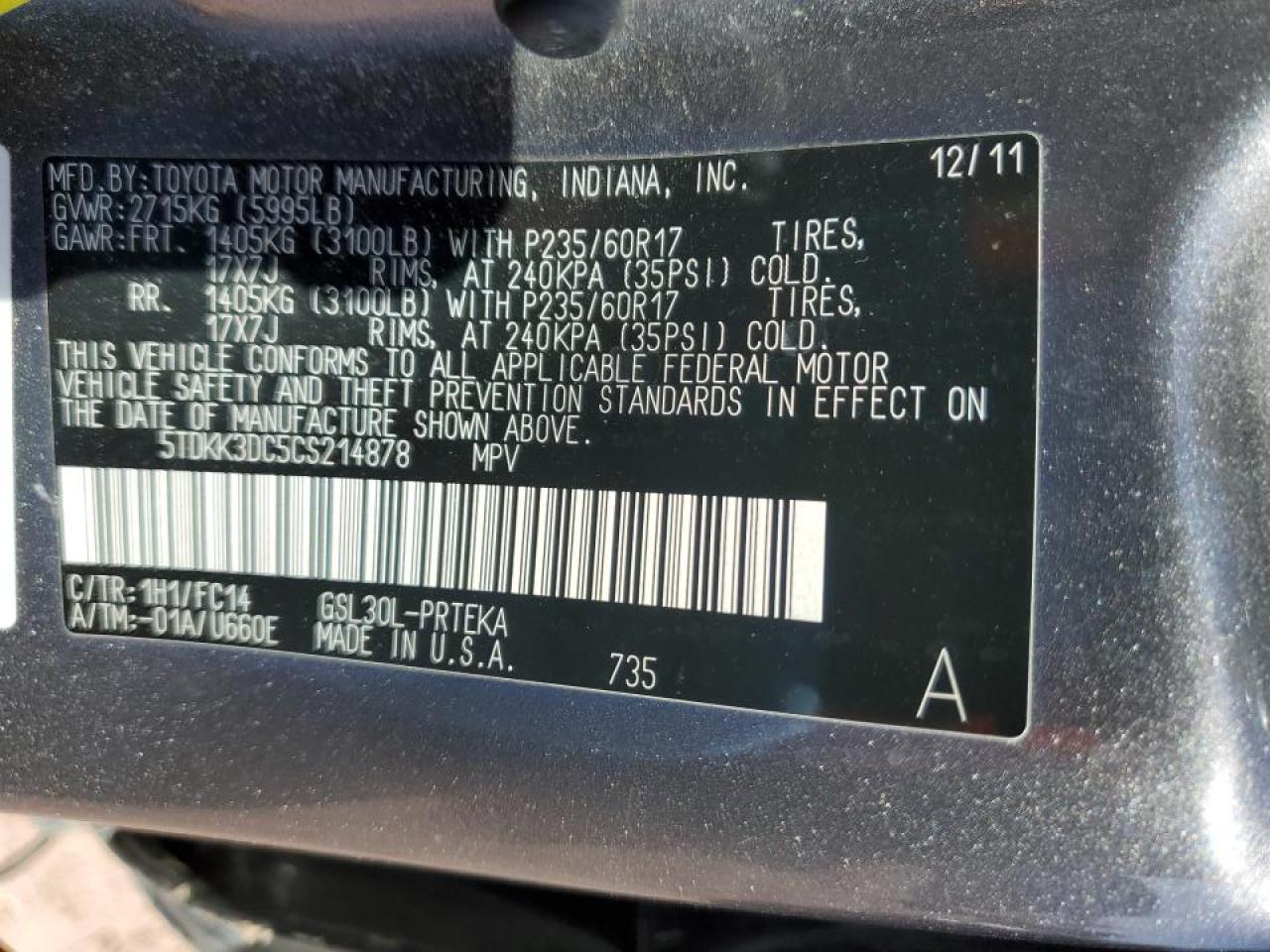 2012 Toyota Sienna VIN 5TDKK3DC5CS214878 Copart auction photo, side / minor dent/scratches damage thumbnail 13