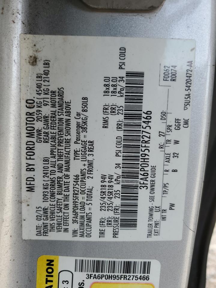 2015 Ford Fusion VIN 3FA6P0H95FR275466 Copart auction photo, front end / side damage thumbnail 13