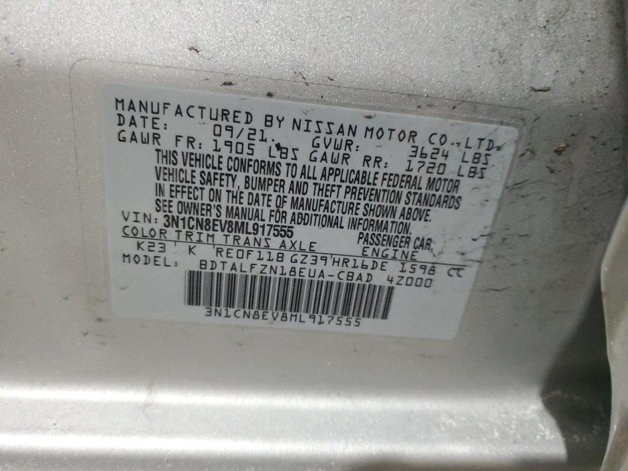 2021 Nissan Versa VIN 3N1CN8EV8ML917555 Copart auction photo, front end / rear end damage thumbnail 12