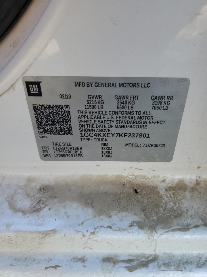 2019 Chevrolet Silverado VIN 1GC4KXEY7KF237801 Copart auction photo, front end / side damage thumbnail 13