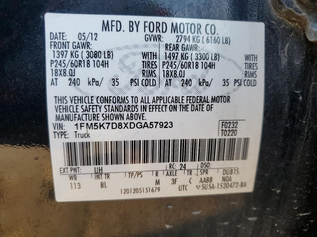 2013 Ford Explorer VIN 1FM5K7D8XDGA57923 Copart auction photo, front end / minor dent/scratches damage thumbnail 13
