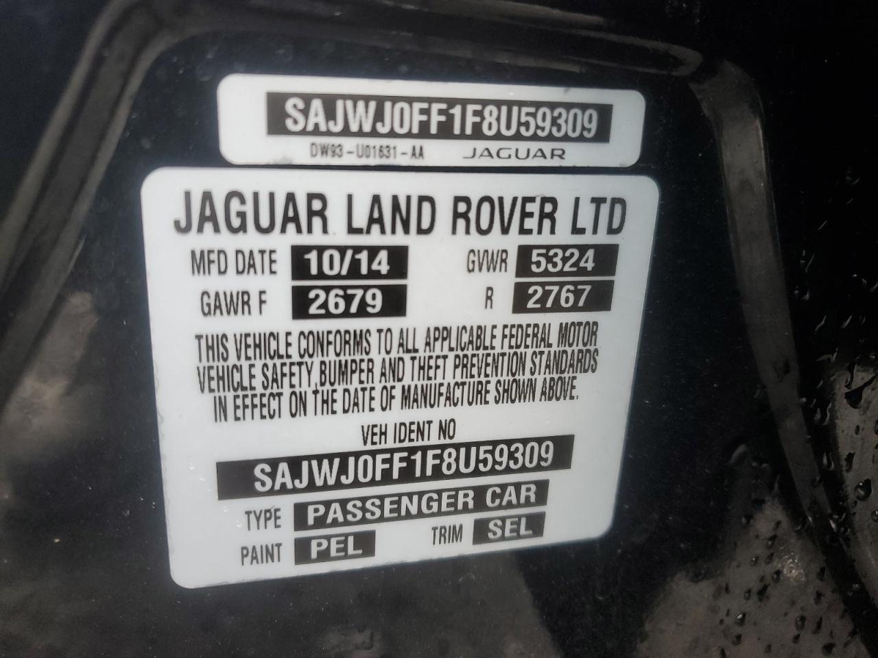 2015 Jaguar XF VIN SAJWJ0FF1F8U59309 Copart auction photo, front end damage thumbnail 12