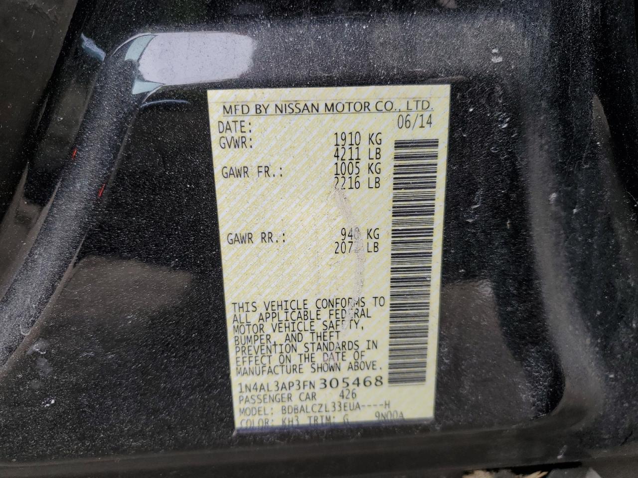 2015 Nissan Altima VIN 1N4AL3AP3FN305468 Copart auction photo, all over / front end damage thumbnail 14