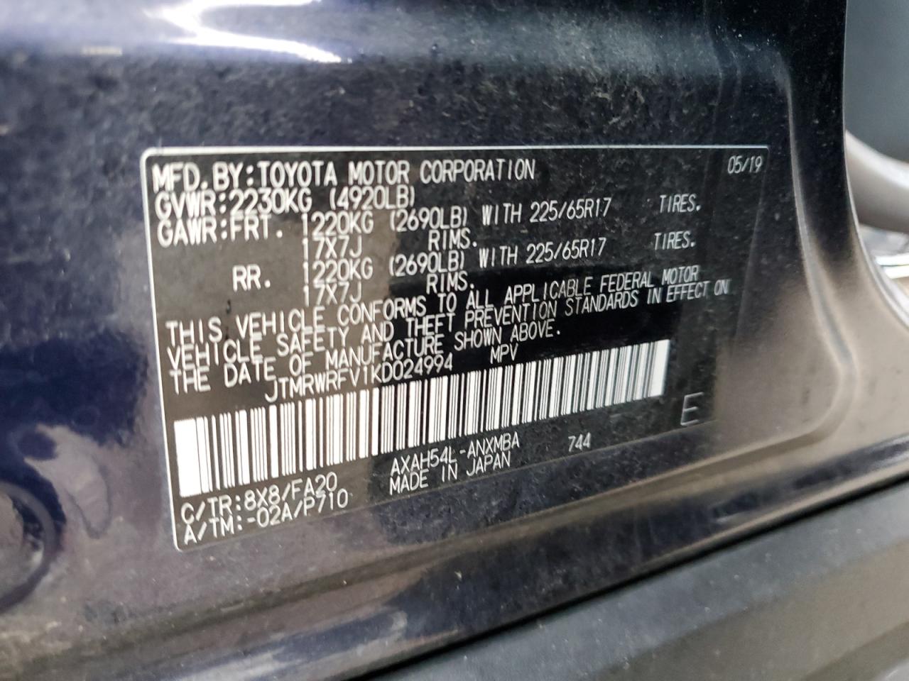 2019 Toyota RAV 4 VIN JTMRWRFV1KD024994 Copart auction photo, all over damage thumbnail 13