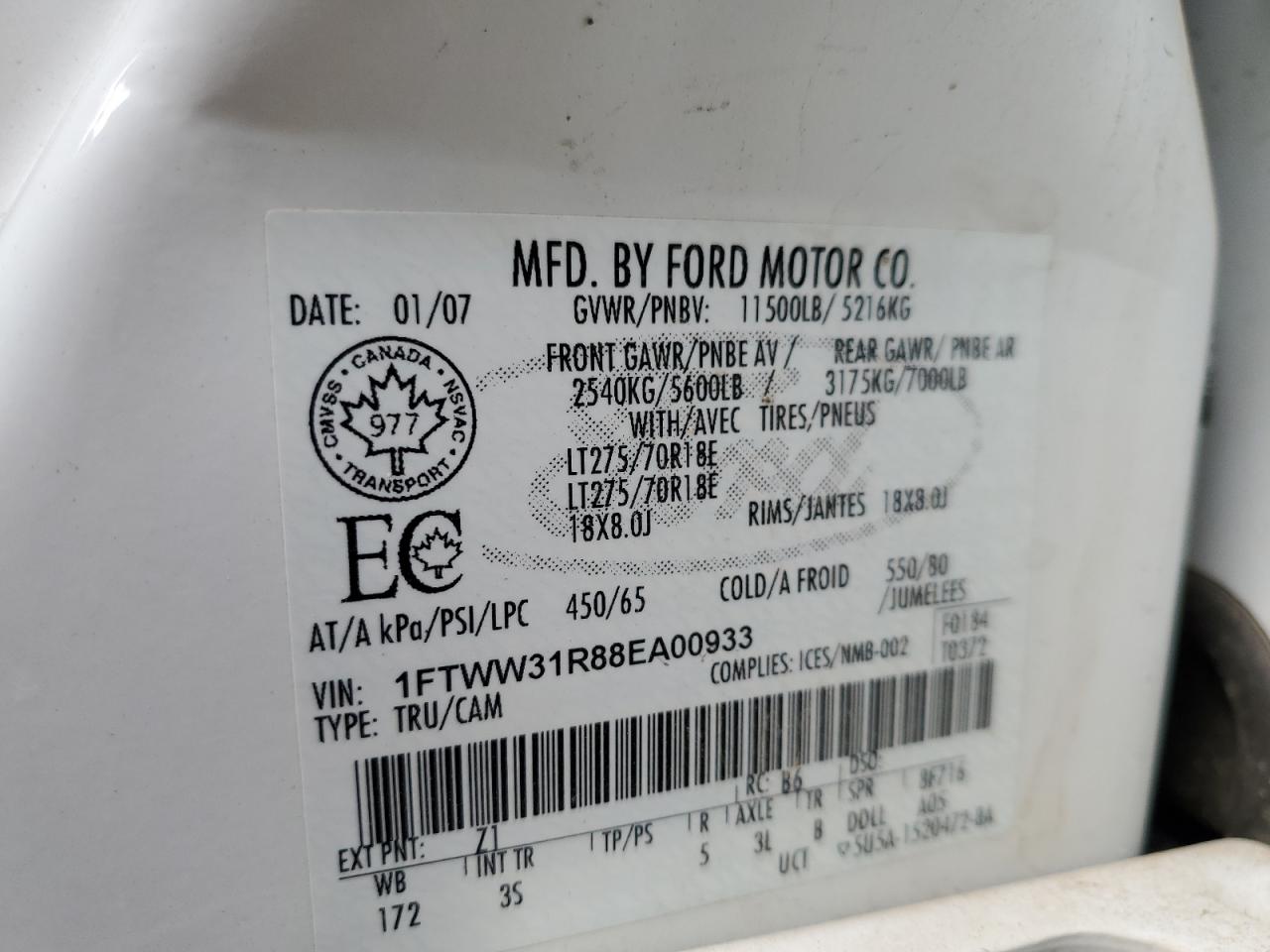 2008 Ford F350 VIN 1FTWW31R88EA00933 Copart auction photo, front end damage thumbnail 13
