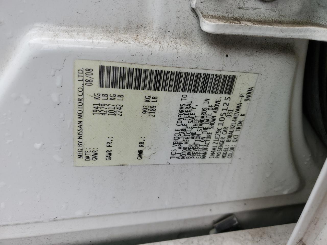 2009 Nissan Altima VIN 1N4AL21E29C105125 Copart auction photo, front end damage thumbnail 15