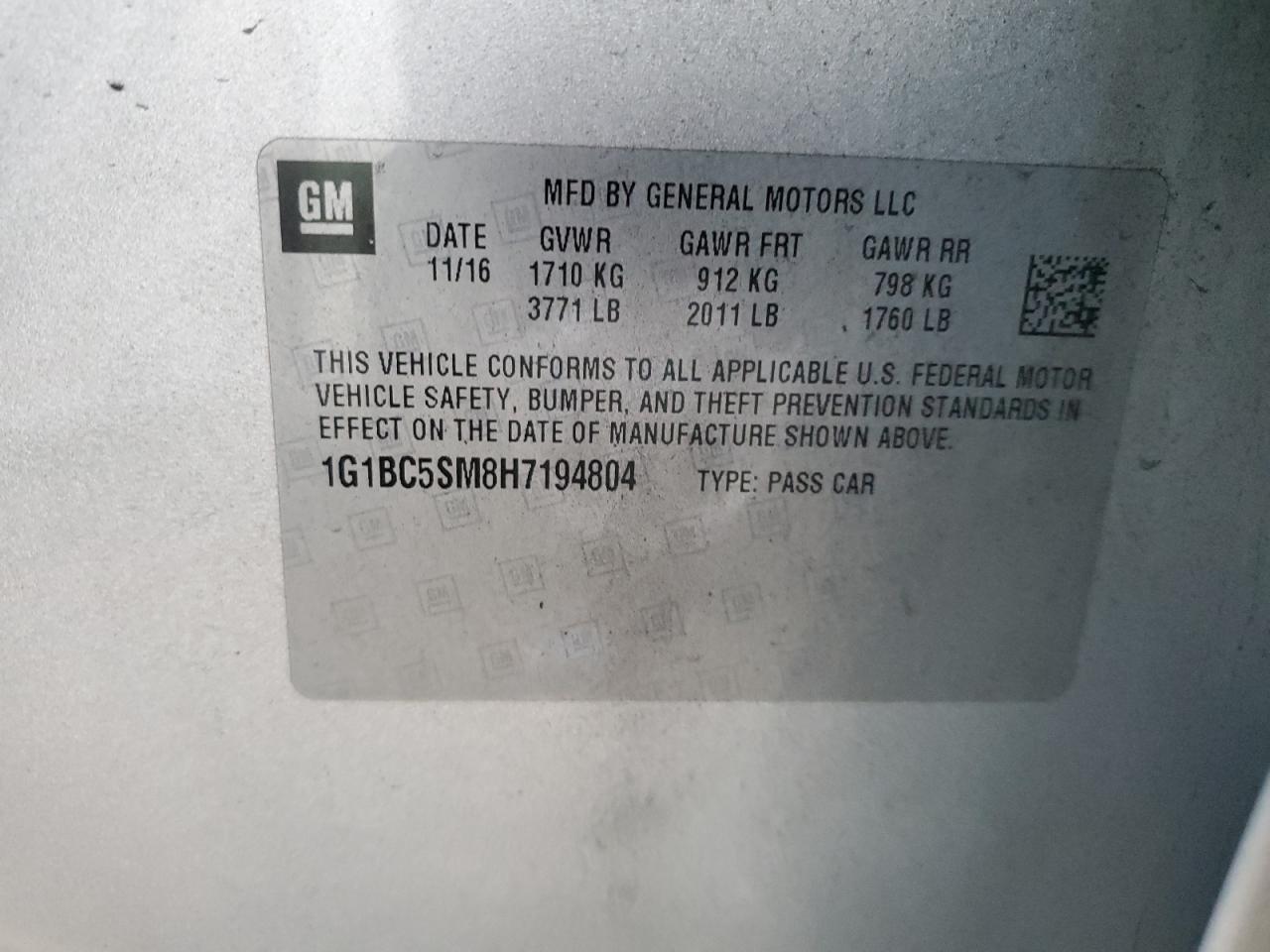 2017 Chevrolet Cruze VIN 1G1BC5SM8H7194804 Copart auction photo, front end damage thumbnail 12