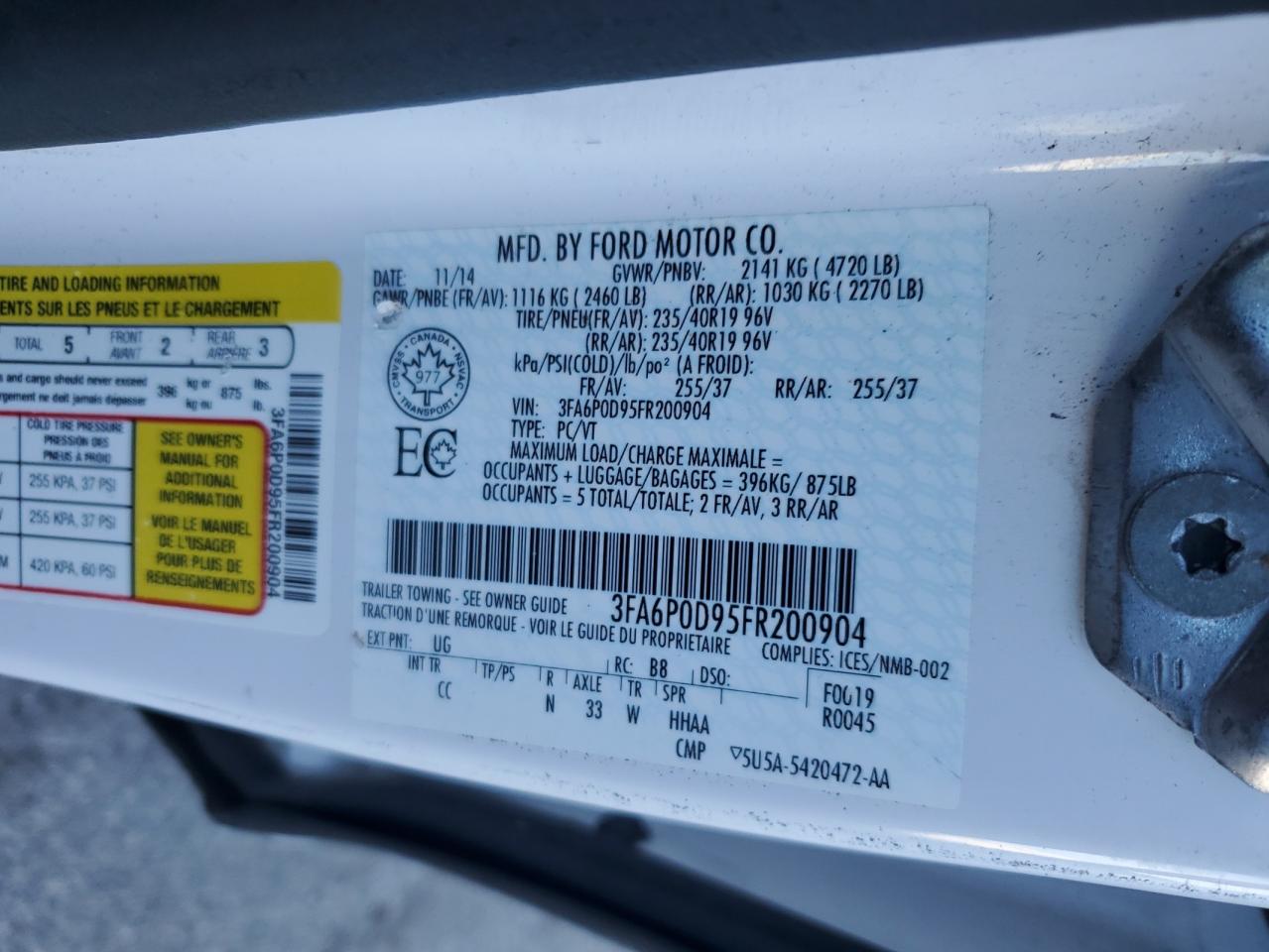 2015 Ford Fusion VIN 3FA6P0D95FR200904 Copart auction photo, front end damage thumbnail 12