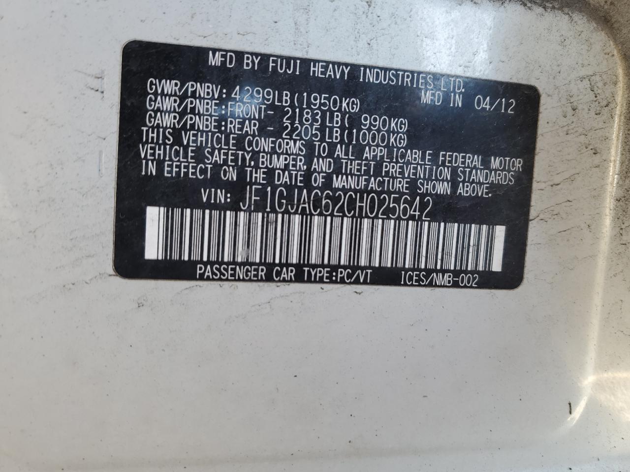 2012 Subaru Impreza VIN JF1GJAC62CH025642 Copart auction photo, front end / rear end damage thumbnail 13