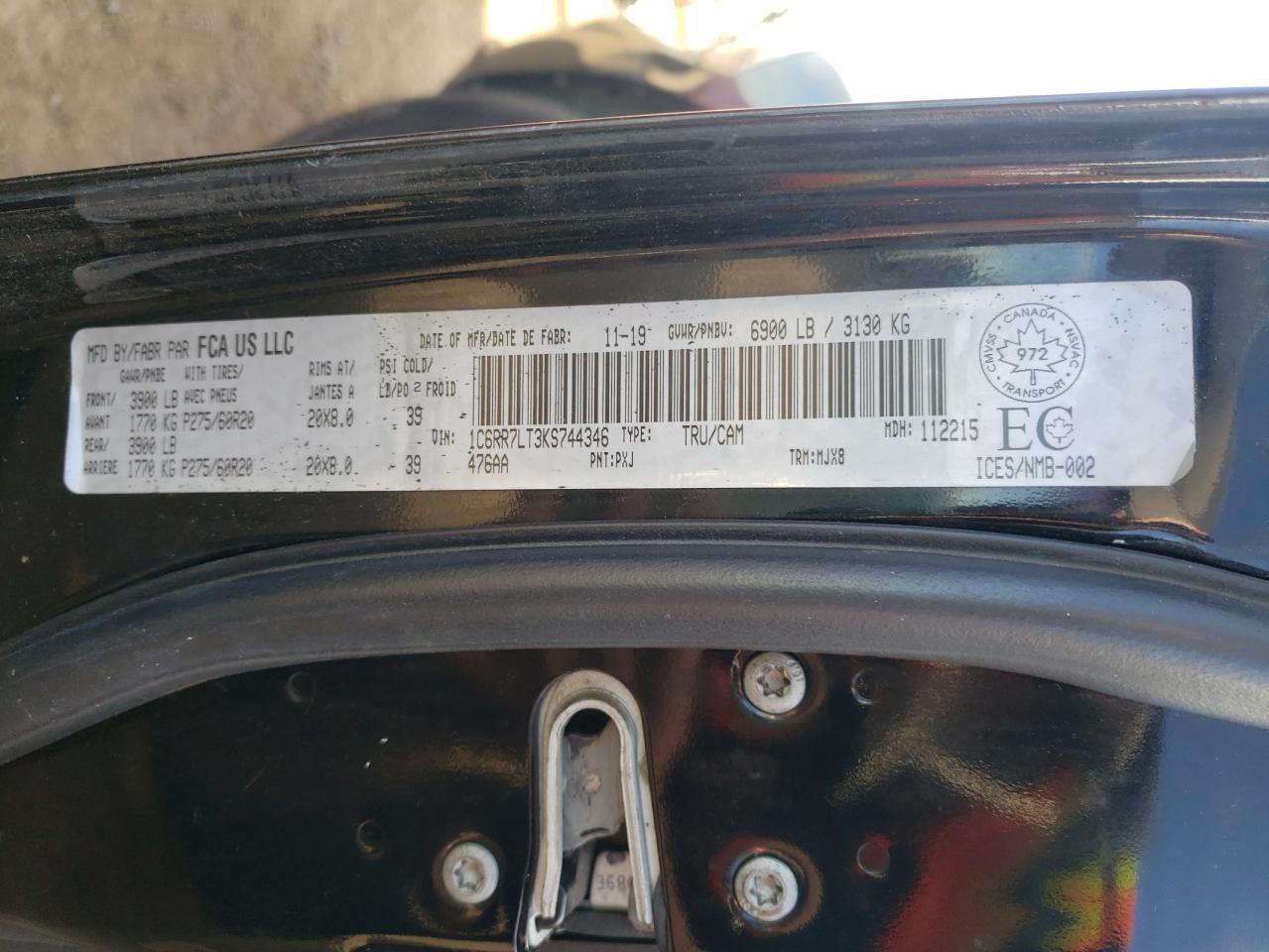 2019 RAM 1500 VIN 1C6RR7LT3KS744346 Copart auction photo, vandalism / front end damage thumbnail 10