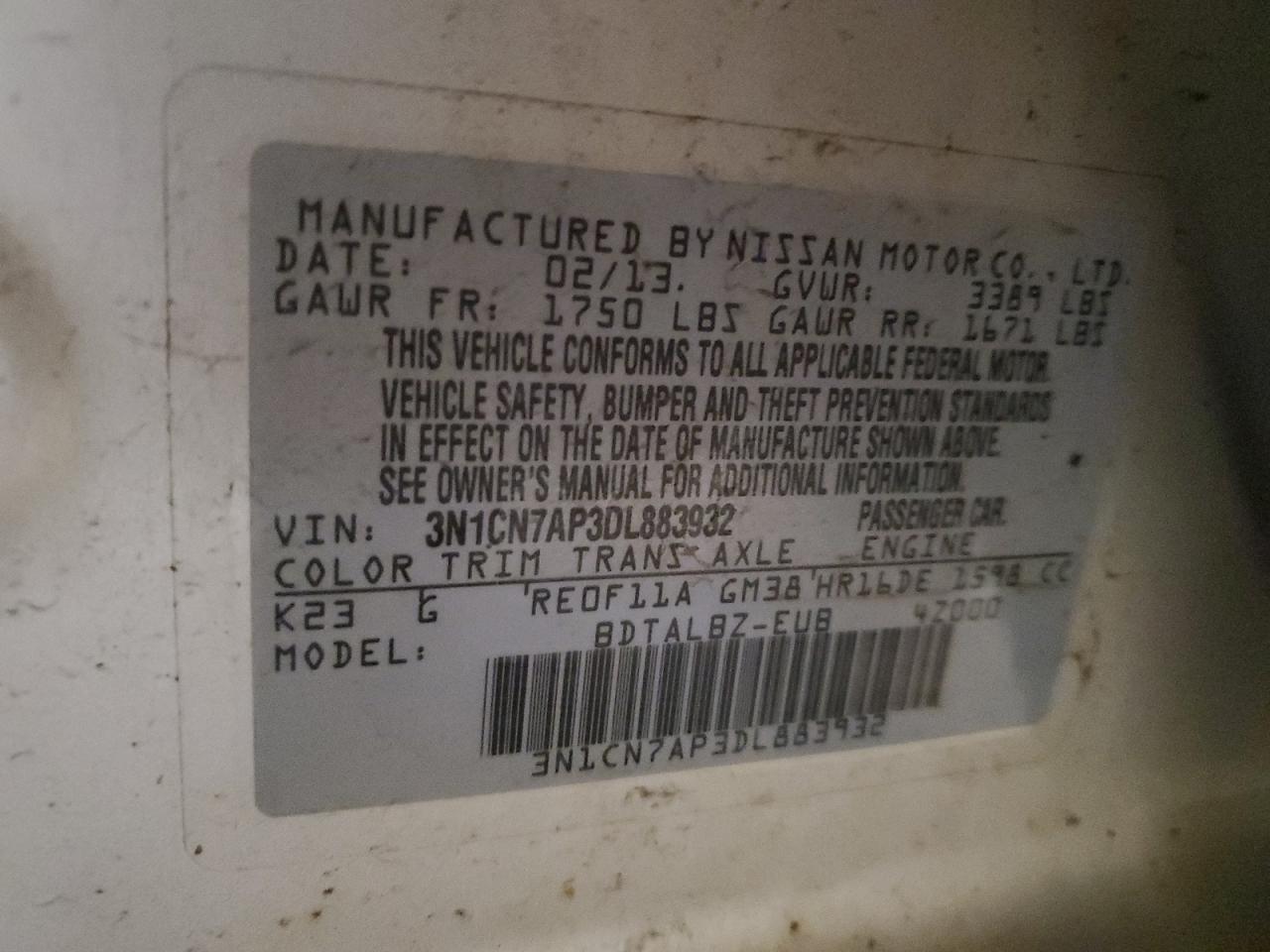 2013 Nissan Versa VIN 3N1CN7AP3DL883932 Copart auction photo, front end damage thumbnail 12