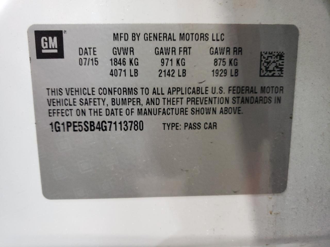 2016 Chevrolet Cruze VIN 1G1PE5SB4G7113780 Copart auction photo, front end / minor dent/scratches damage thumbnail 15