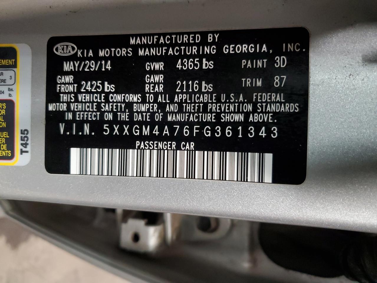 2015 KIA Optima VIN 5XXGM4A76FG361343 Copart auction photo, mechanical / front end damage thumbnail 12