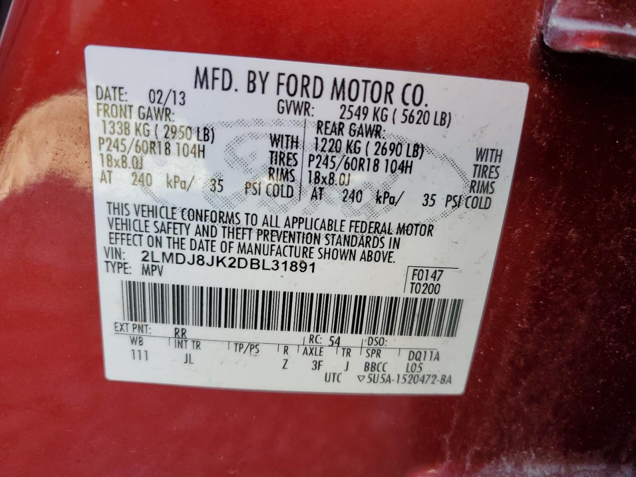 2013 Lincoln MKX VIN 2LMDJ8JK2DBL31891 Copart auction photo, front end damage thumbnail 14