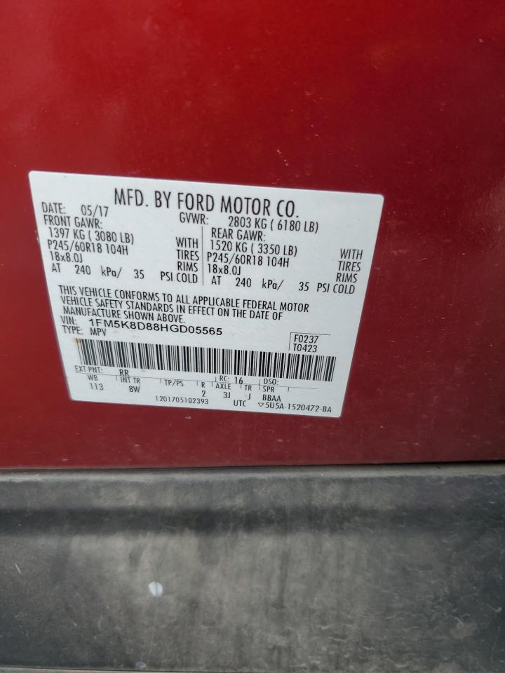 2017 Ford Explorer VIN 1FM5K8D88HGD05565 Copart auction photo, front end damage thumbnail 13