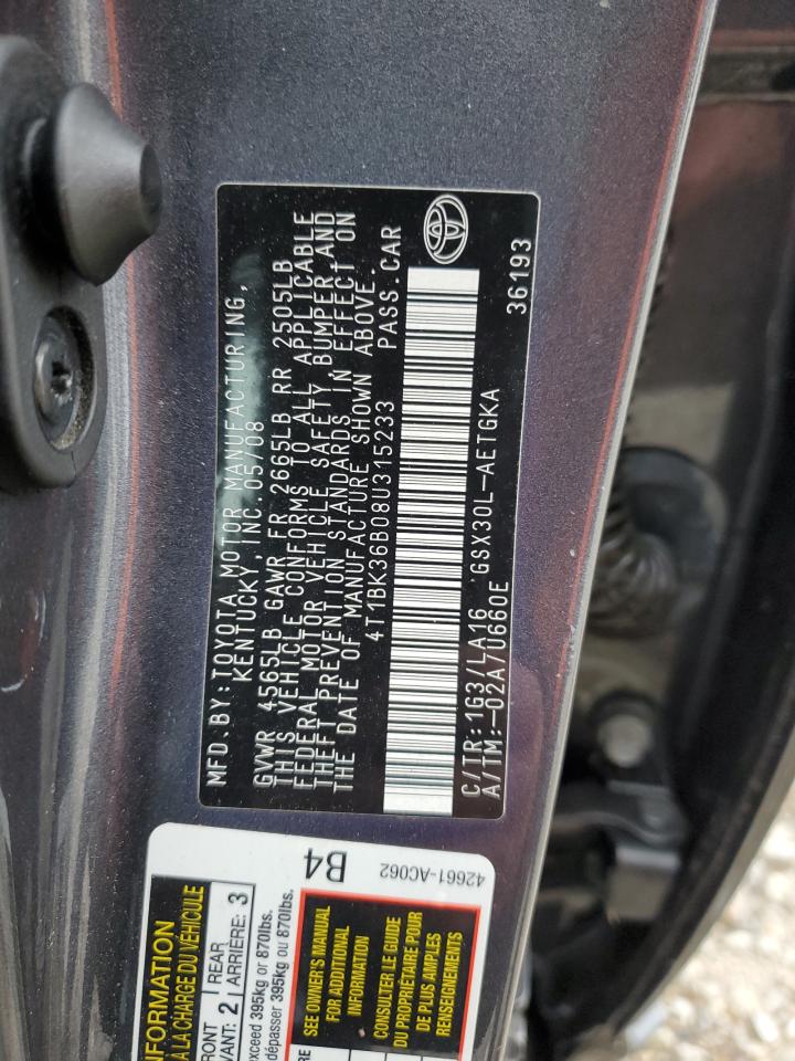 2008 Toyota Avalon VIN 4T1BK36B08U315233 Copart auction photo, rear end / side damage thumbnail 12