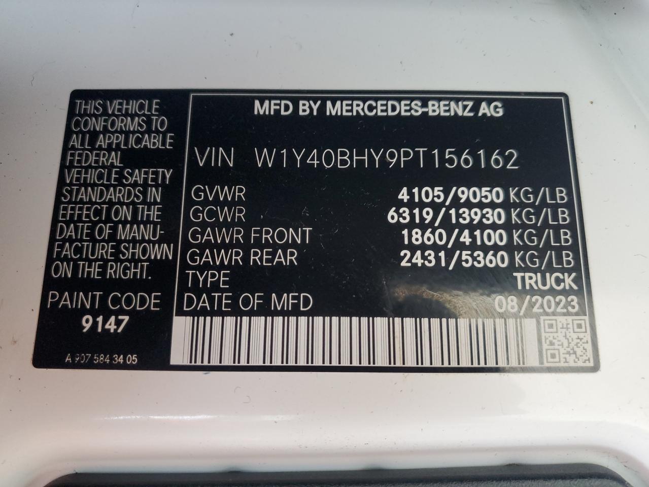 2023 Mercedes-Benz Sprinter VIN W1Y40BHY9PT156162 Copart auction photo, rear end damage thumbnail 14