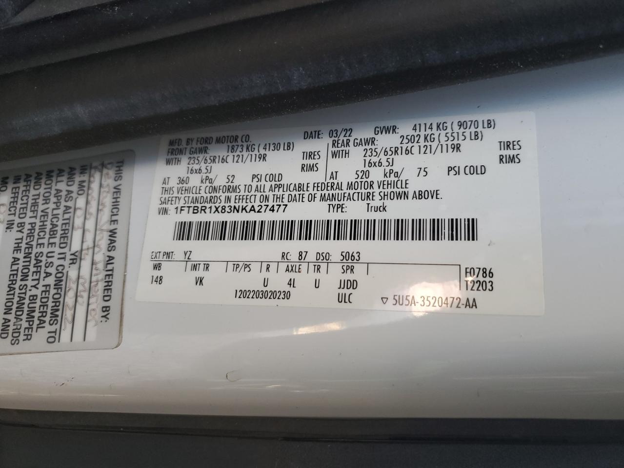 2022 Ford Transit VIN 1FTBR1X83NKA27477 Copart auction photo, all over damage thumbnail 12
