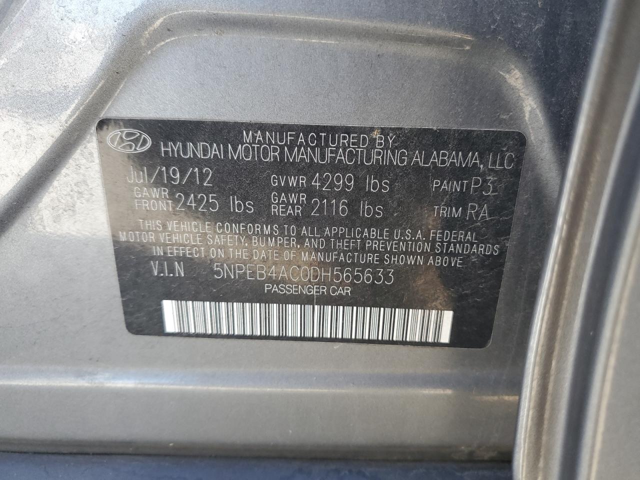 2013 Hyundai Sonata VIN 5NPEB4AC0DH565633 Copart auction photo, rear end damage thumbnail 14