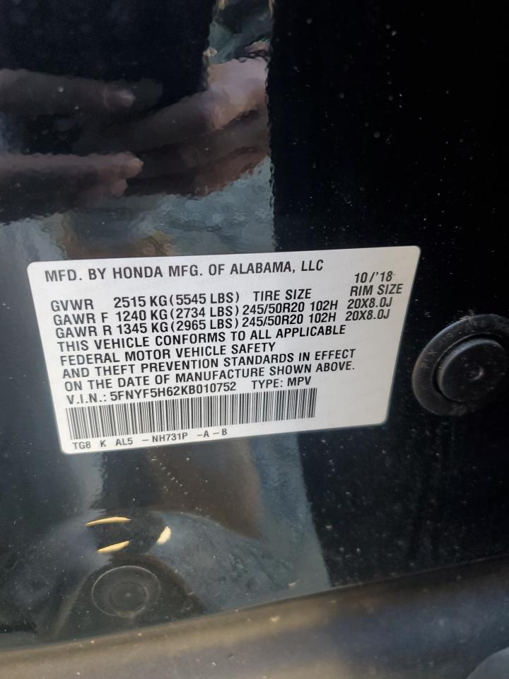 2019 Honda Pilot VIN 5FNYF5H62KB010752 Copart auction photo, front end damage thumbnail 13