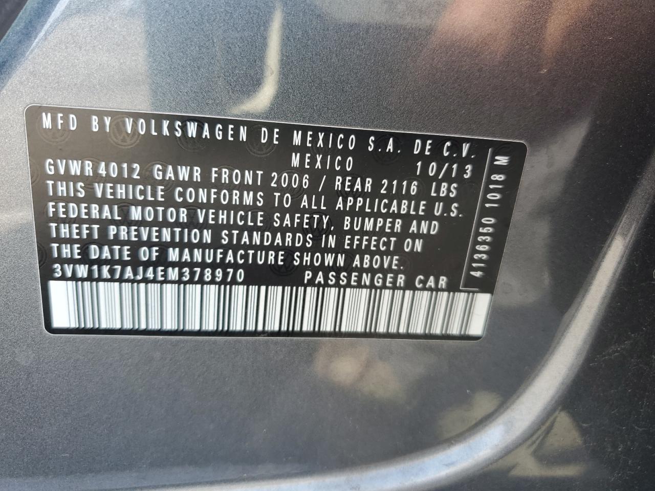 2014 Volkswagen Jetta VIN 3VW1K7AJ4EM378970 Copart auction photo, undercarriage damage thumbnail 12