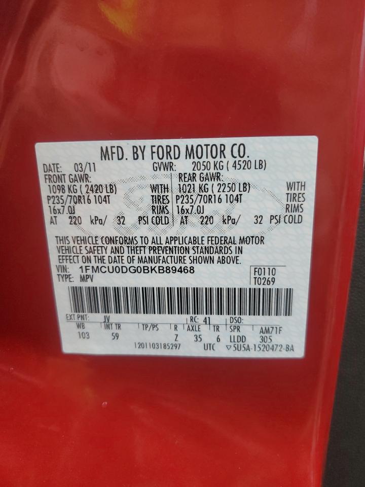 2011 Ford Escape VIN 1FMCU0DG0BKB89468 Copart auction photo, side damage thumbnail 12