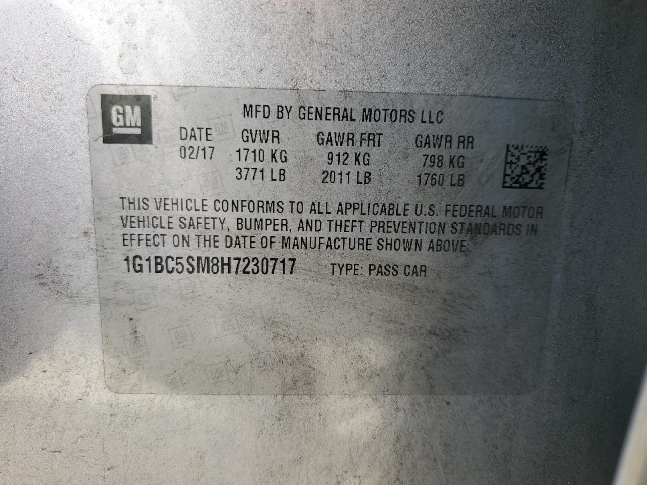 2017 Chevrolet Cruze VIN 1G1BC5SM8H7230717 Copart auction photo, side / front end damage thumbnail 12