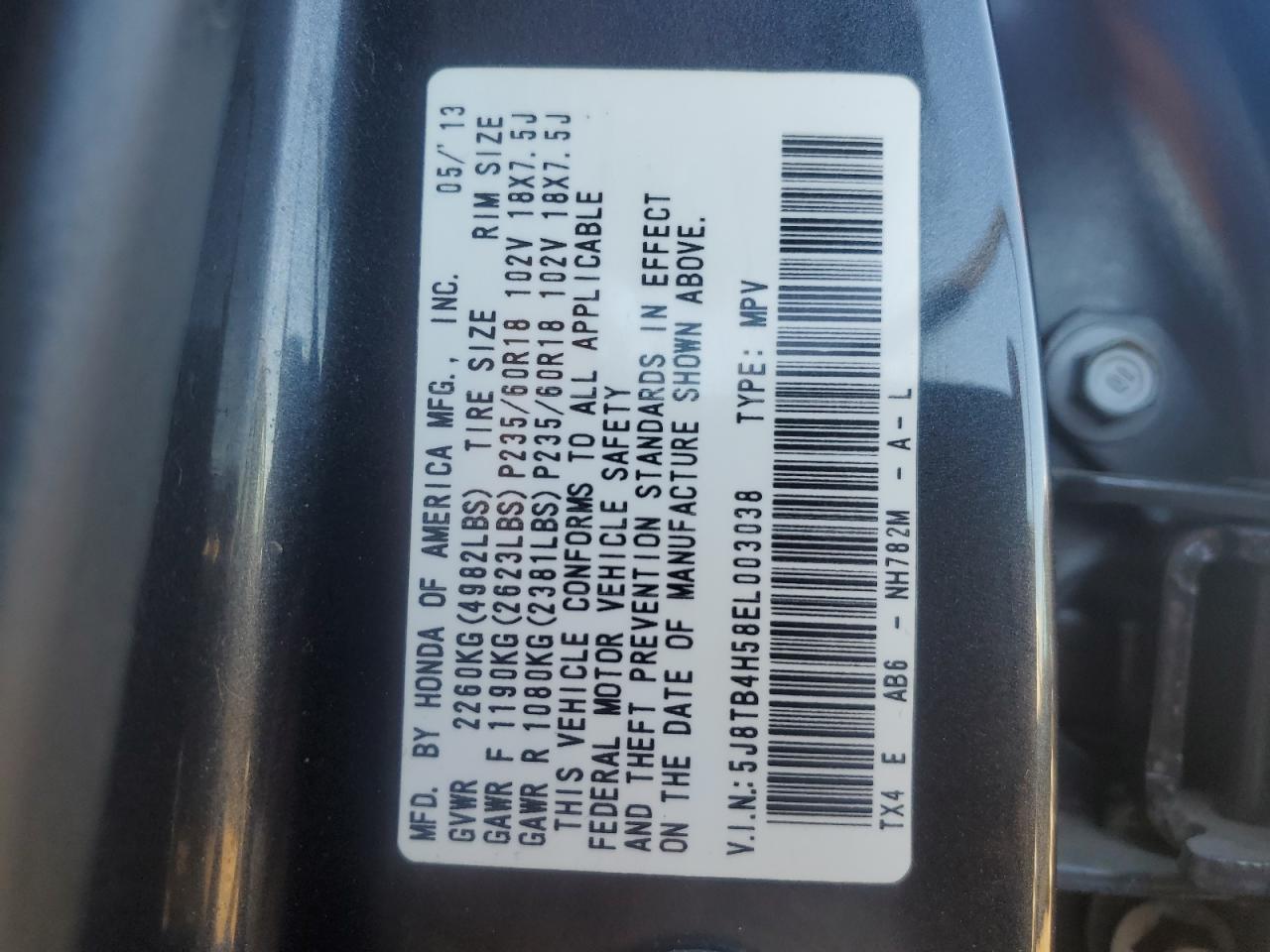 2014 Acura RDX VIN 5J8TB4H58EL003038 Copart auction photo, front end / minor dent/scratches damage thumbnail 14