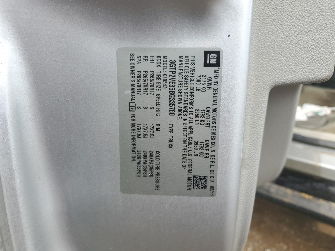 2011 GMC Sierra VIN 3GTP2VE35BG335780 Copart auction photo, rear end damage thumbnail 12