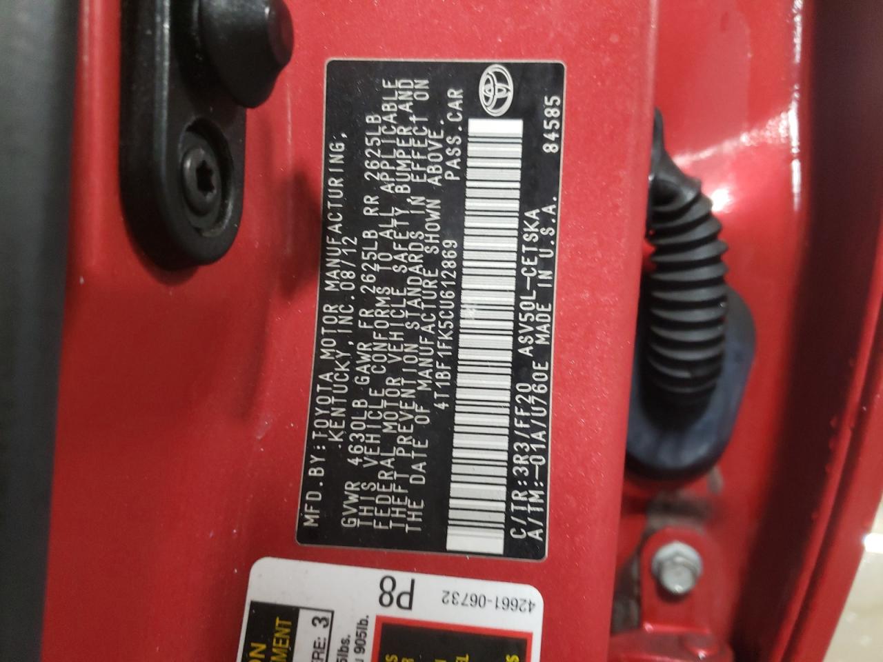 2012 Toyota Camry VIN 4T1BF1FK5CU612869 Copart auction photo, side / front end damage thumbnail 13