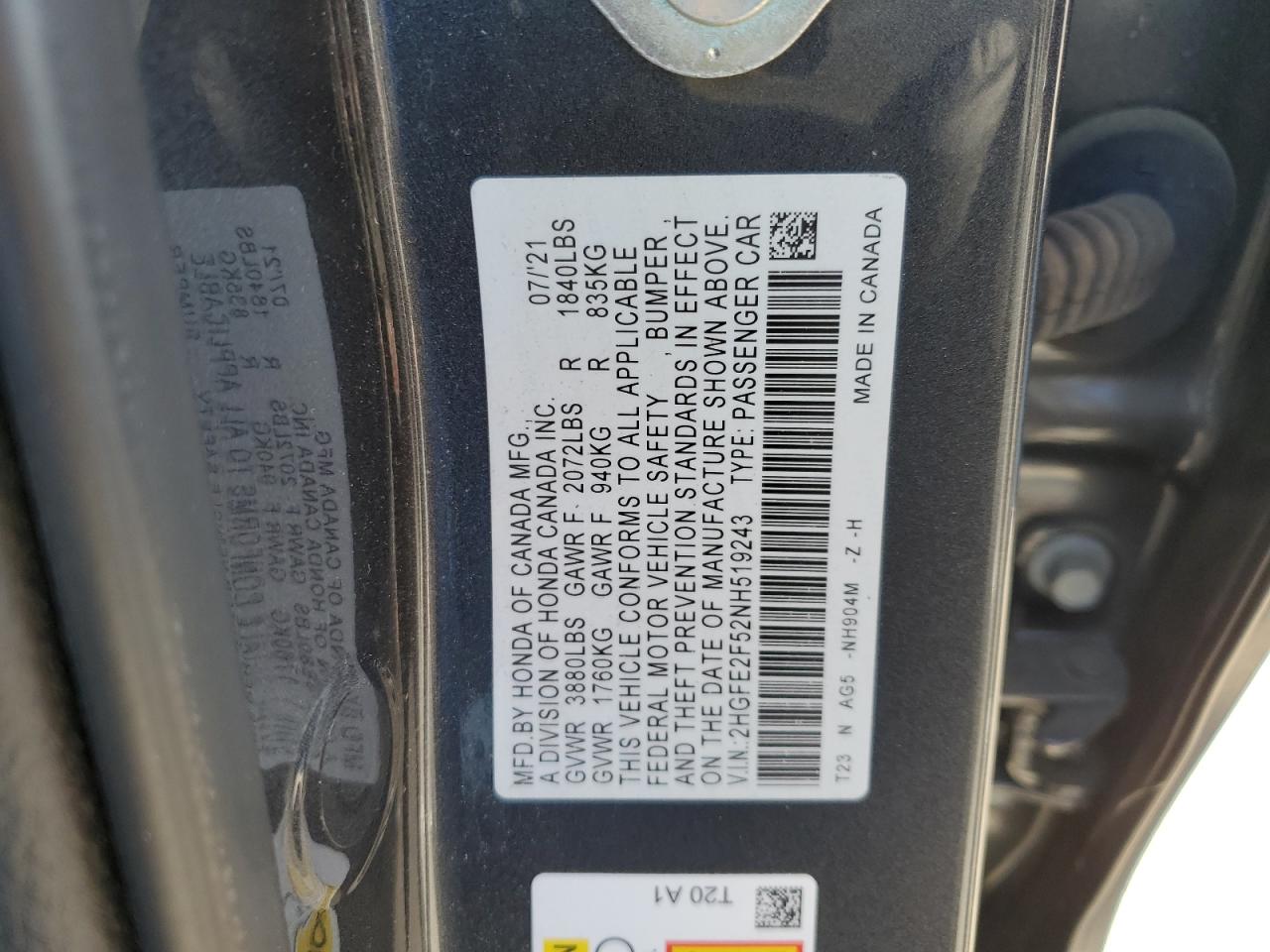 2022 Honda Civic VIN 2HGFE2F52NH519243 Copart auction photo, front end damage thumbnail 12