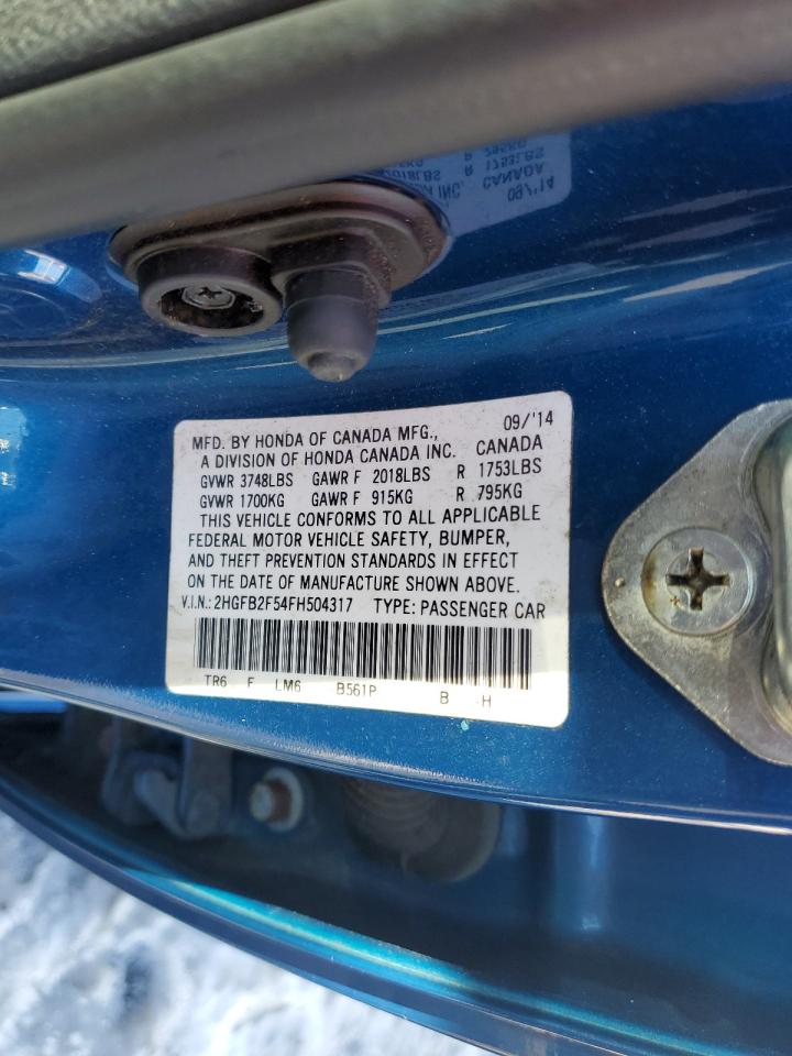 2015 Honda Civic VIN 2HGFB2F54FH504317 Copart auction photo, front end / minor dent/scratches damage thumbnail 12