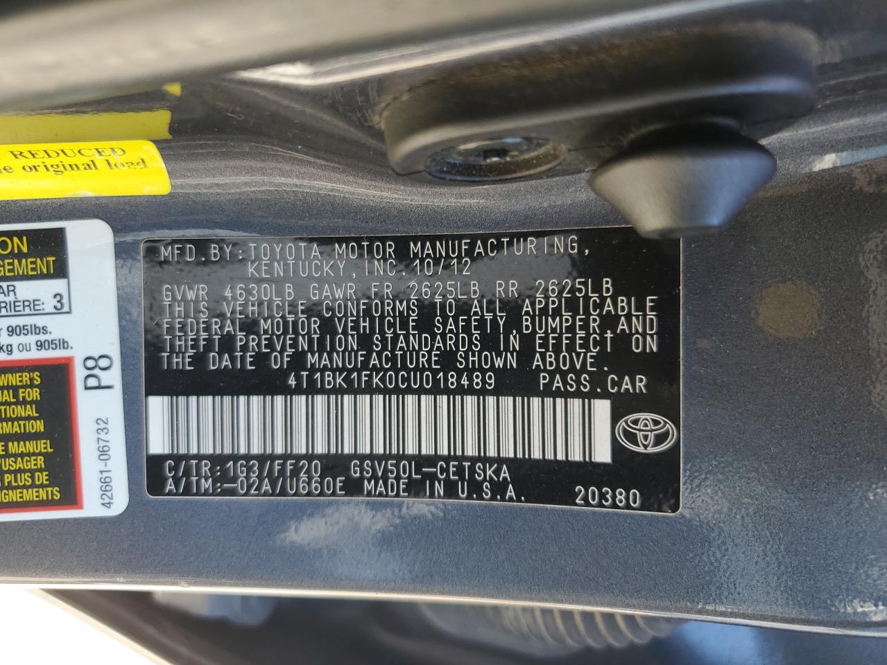 2012 Toyota Camry VIN 4T1BK1FK0CU018489 Copart auction photo, front end / minor dent/scratches damage thumbnail 13