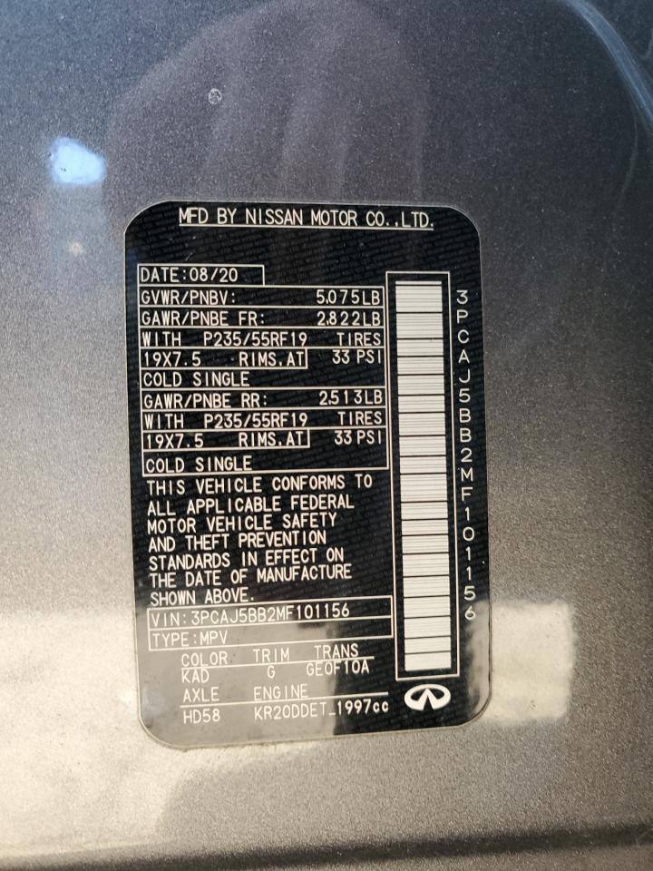 2021 Infiniti QX50 VIN 3PCAJ5BB2MF101156 Copart auction photo, front end damage thumbnail 12